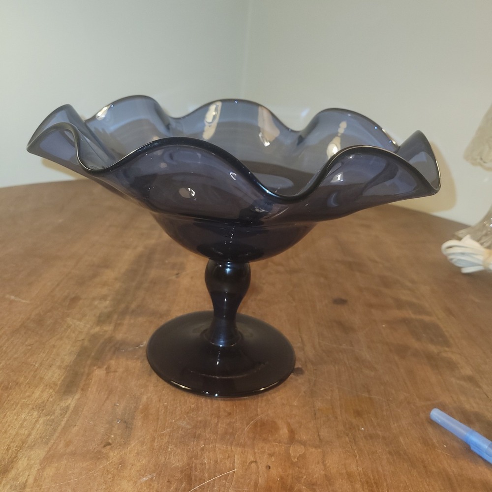 Navy Blue Compote Pedestal Bowl Hand Blown Ruffled Edge 11" Blenko‎ ?